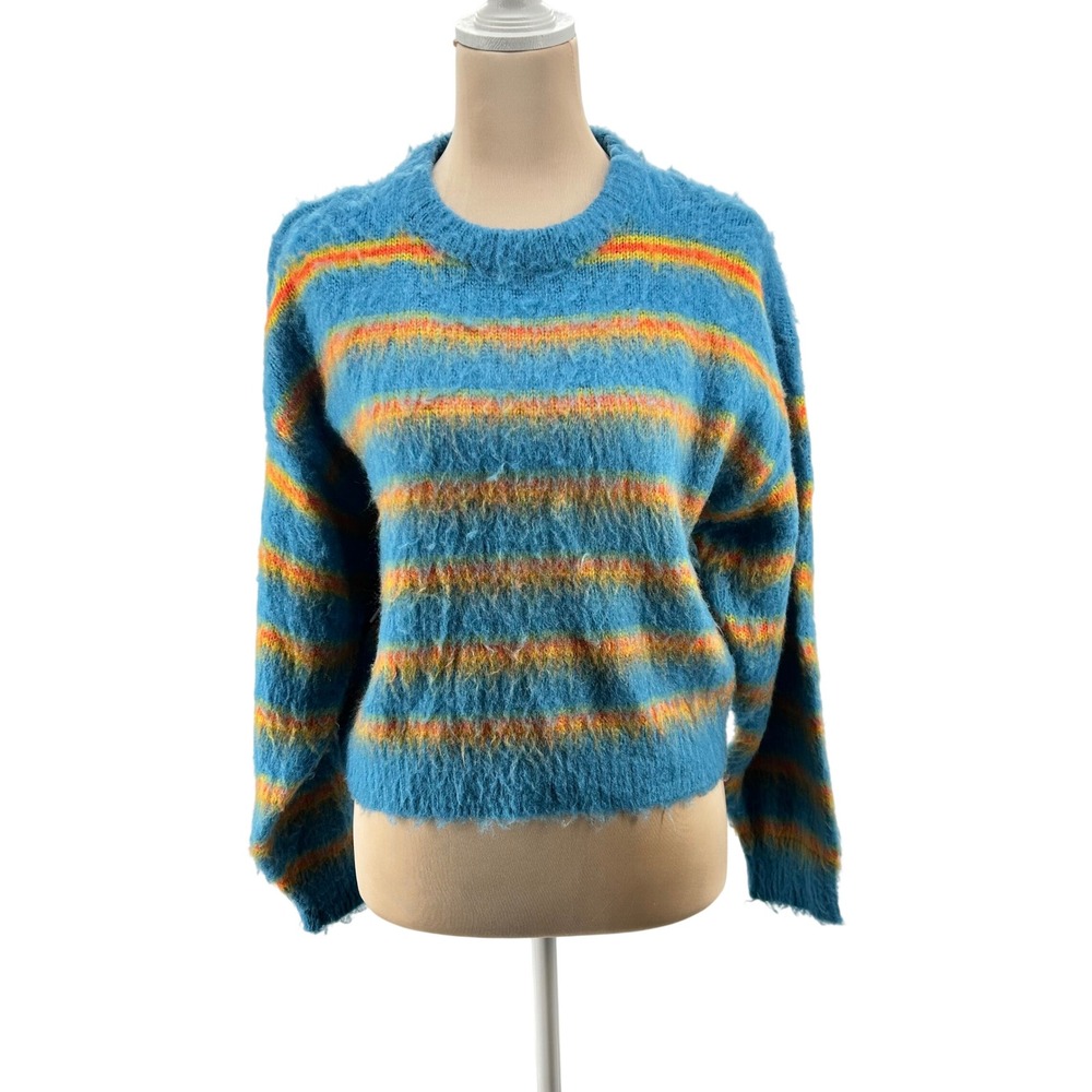Obey‎ Womens Blue Fuzzy Striped Crewneck Sweater Orange Yellow Size S A0321